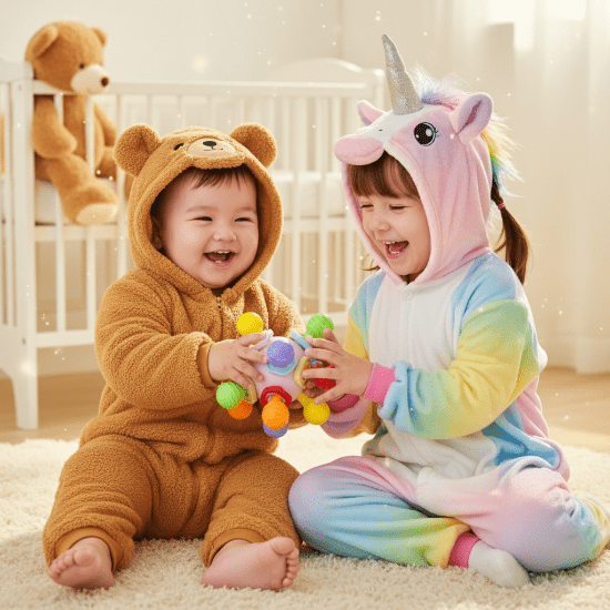 Frère et sœur en pyjamas ours et pyjama licorne fille