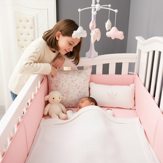 tour de lit bebe rose Grande sœur avec bébé qui dort, toutou, coussins et mobile