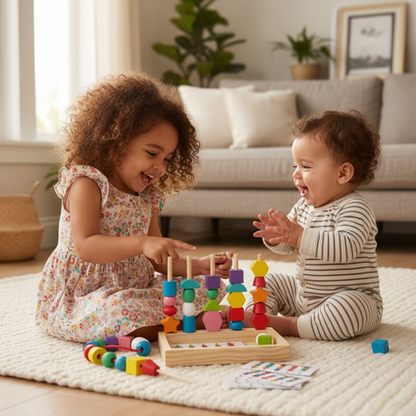jouet montessori 1 an Grande sœur bouclée petit frère rayé face à face sourires