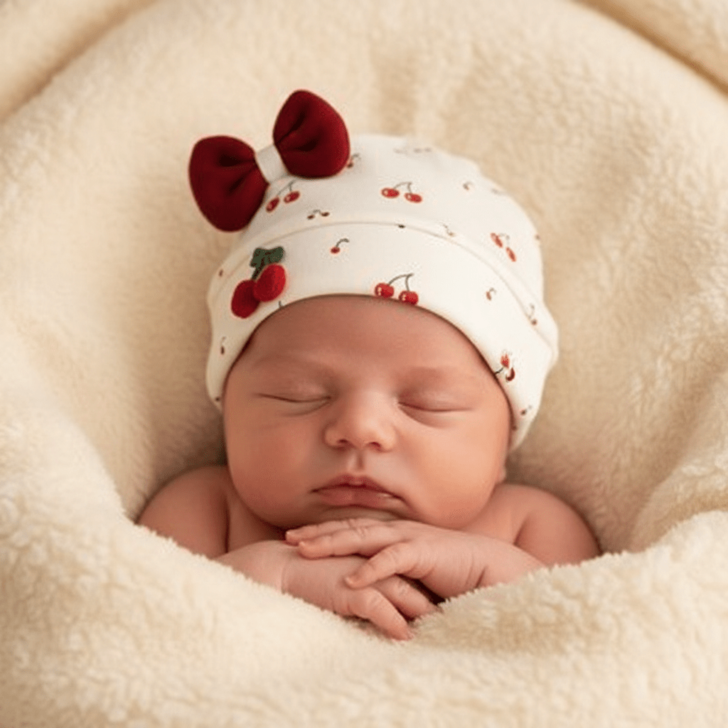 Bonnet bébé naissance et Gros plan bébé endormi bonnet cerise