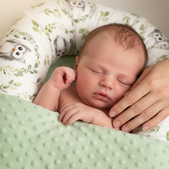 contour de lit de bébé qui dort sur le dos  Gros plan bébé endormi dans réducteur chouette