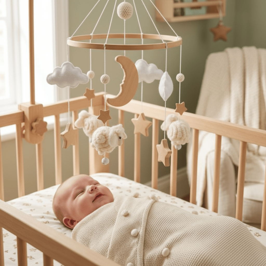 mobile en bois bebe en Gros plan bébé endormi mobile lune