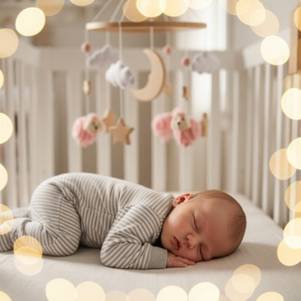 mobile bebe en bois Gros plan bébé endormi mobile ourson étoiles bokeh