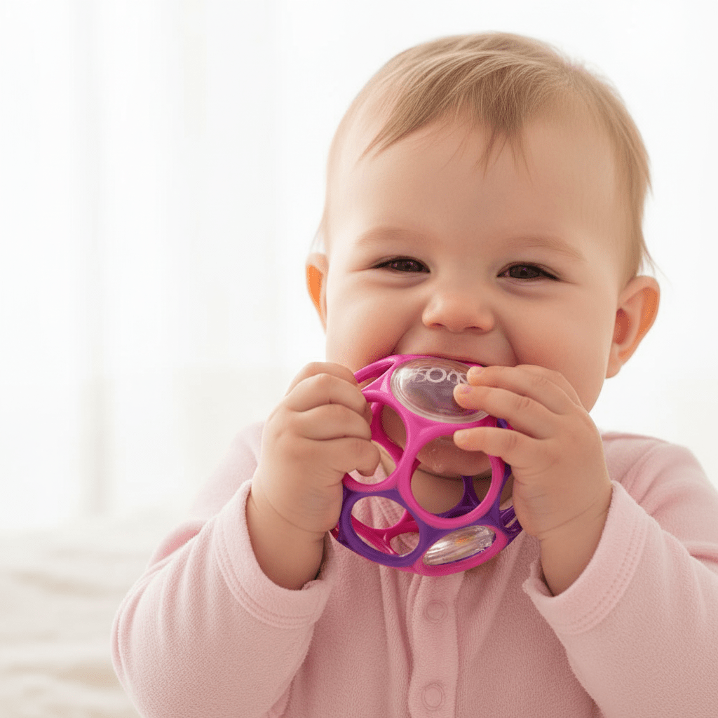 balle sensorielle bebe et Gros plan bébé fille mordille balle rose violet