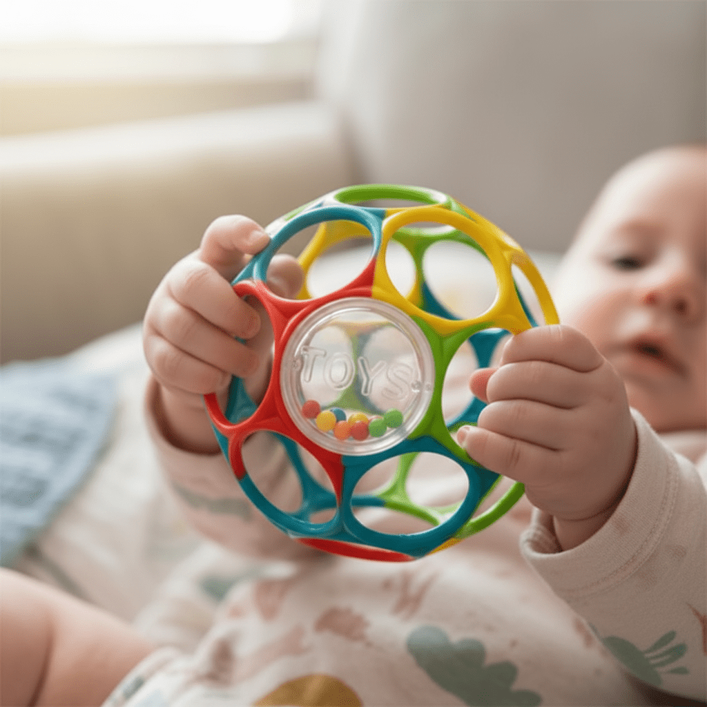 Balle sensorielle bebe Gros plan balle sensorielle doigts bébé billes colorées