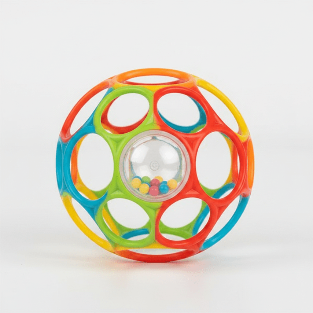 Balle sensorielle bebe  Gros plan balle sensorielle fond blanc billes