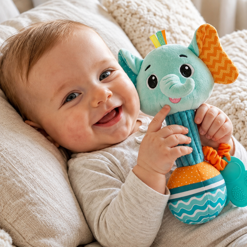Gros plan carré du hochet éléphant avec bébé au lit