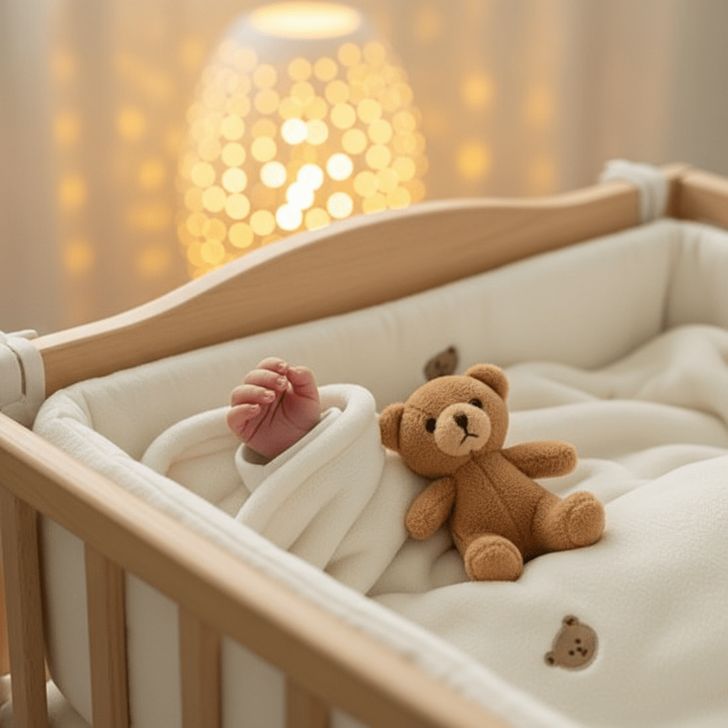Gros plan main bébé doudou ourson bokeh