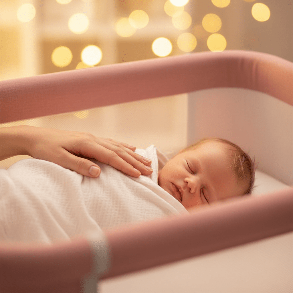 lit cododo évolutif Gros plan main maman bébé berceau rose