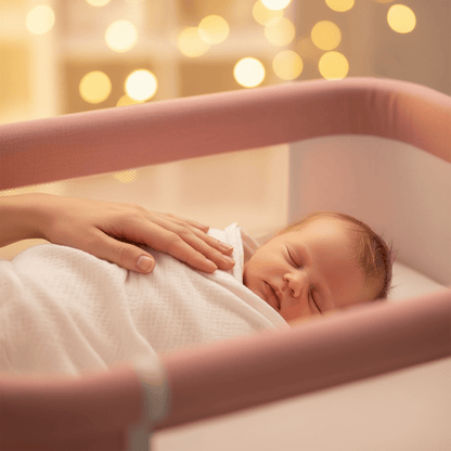 lit cododo évolutif Gros plan main maman bébé berceau rose