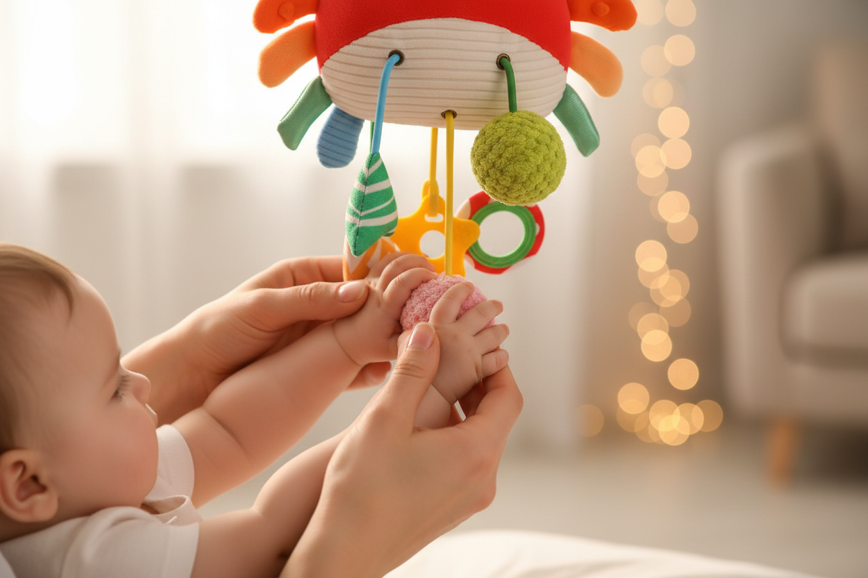 jouet bebe eveil Gros plan mains bébé jouet crabe