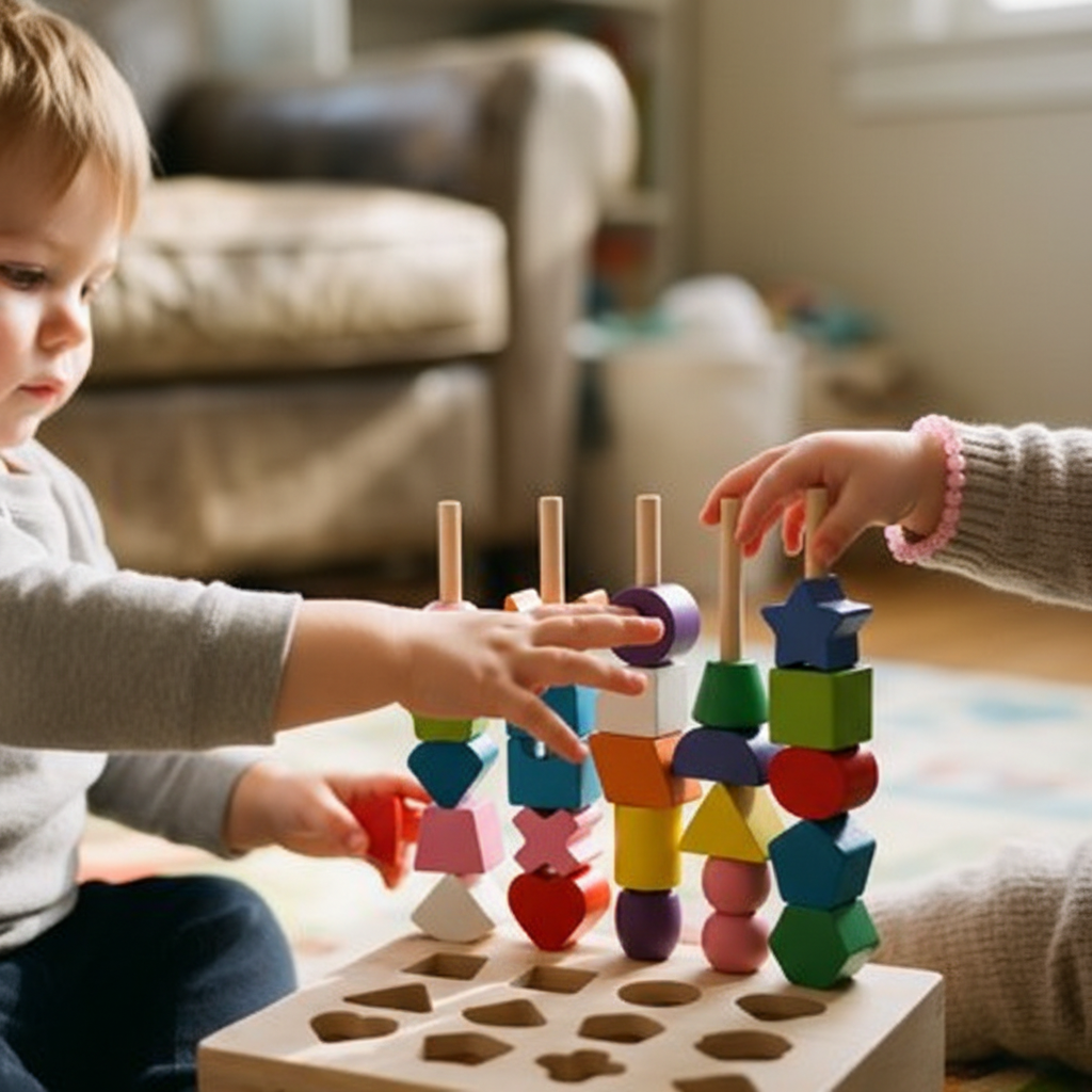 jouet montessori 1 an Gros plan mains deux enfants perles colorées