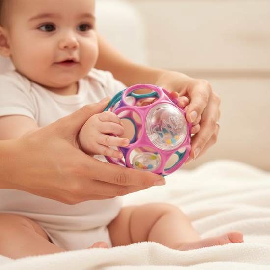Balle Sensorielle Bébé Gros plan mains maman bébé balle sensorielle rose violet