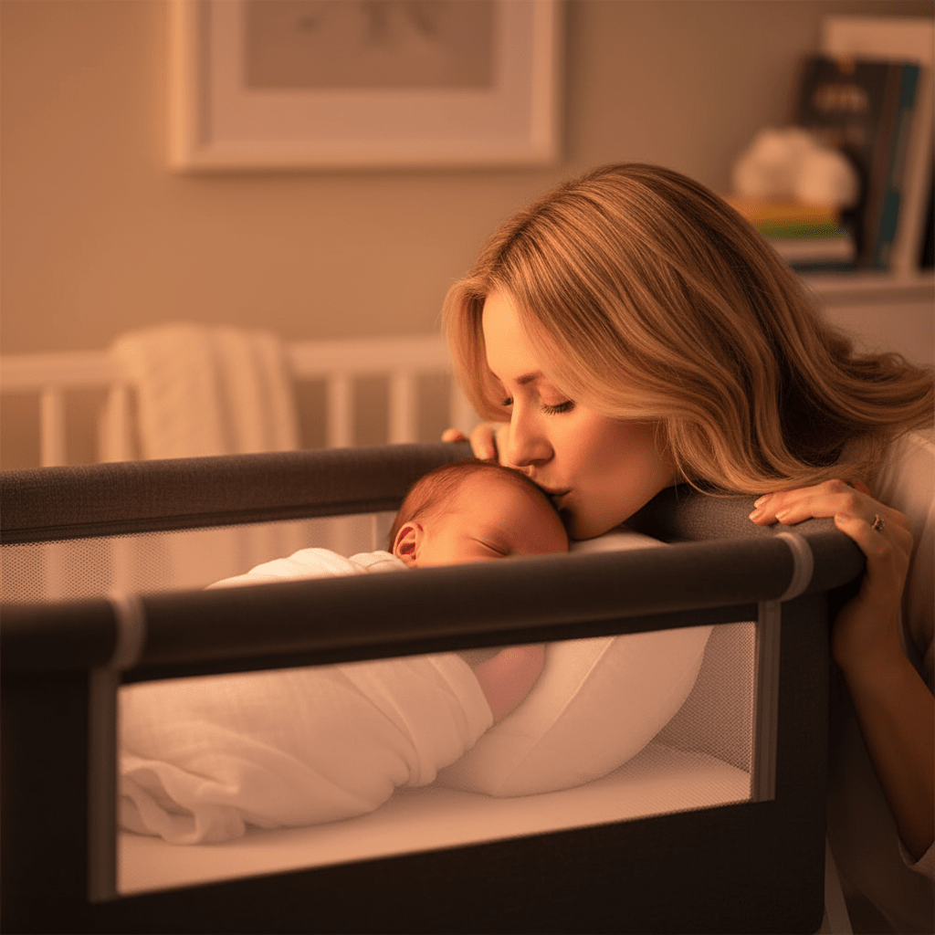 lit cododo évolutif Gros plan maman embrasse bébé berceau gris anthracite