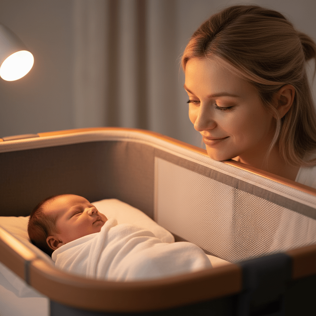 lit cododo évolutif Gros plan maman regarde bébé berceau gris bois