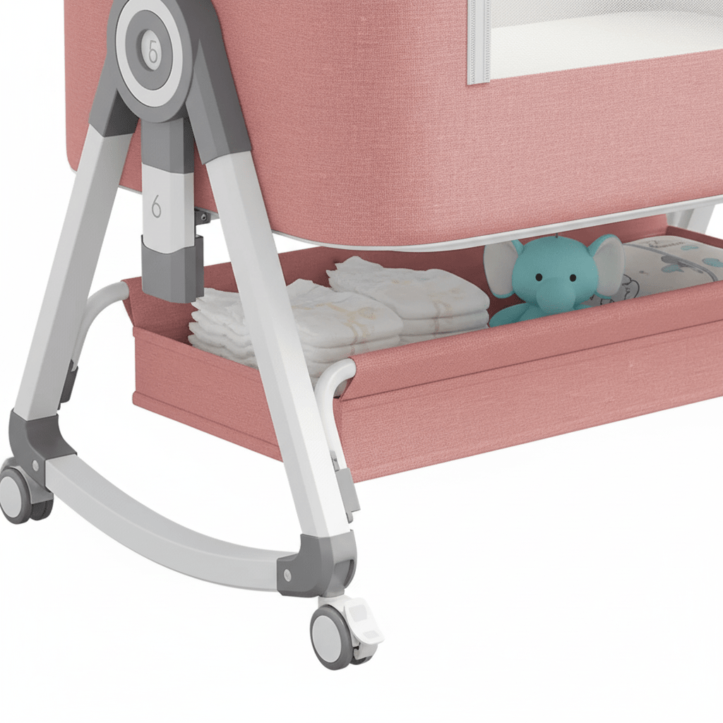 Cododo rose Berceau 3 en 1  Gros plan panier rangement berceau rose