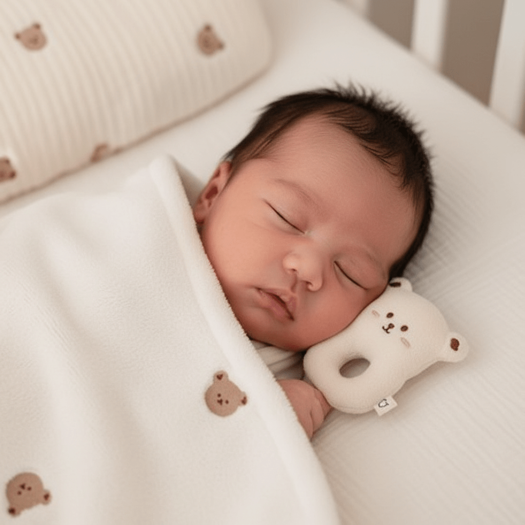 Gros plan visage bébé doudou ourson