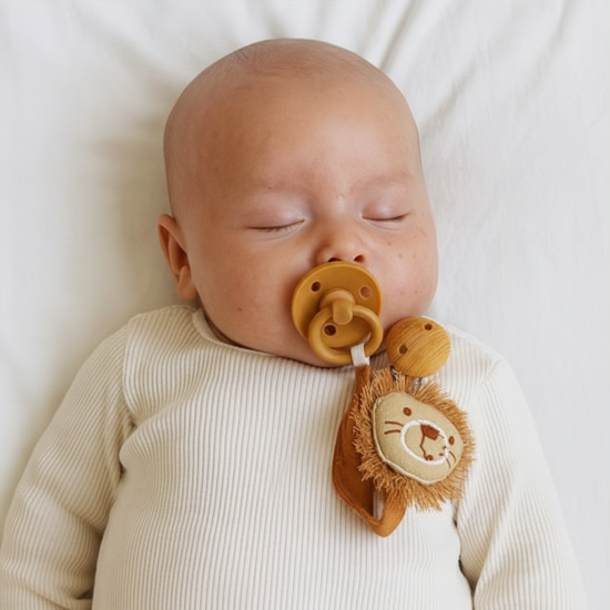 attache sucette pour bebe en Gros plan visage bébé endormi attache lion doré