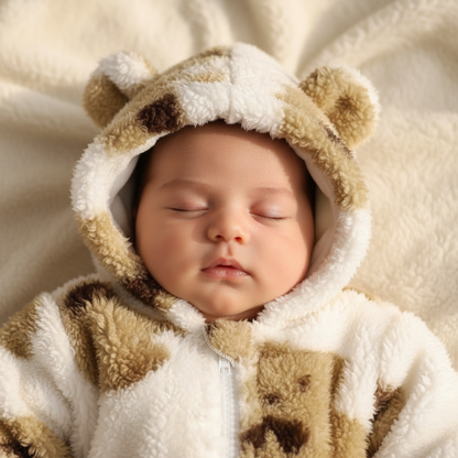 combinaison bebe ours assortiments Gros plan visage bébé endormi capuche ourson