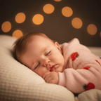 barboteuse bebe fille et Gros plan visage bébé endormie mains joue lueur ambre