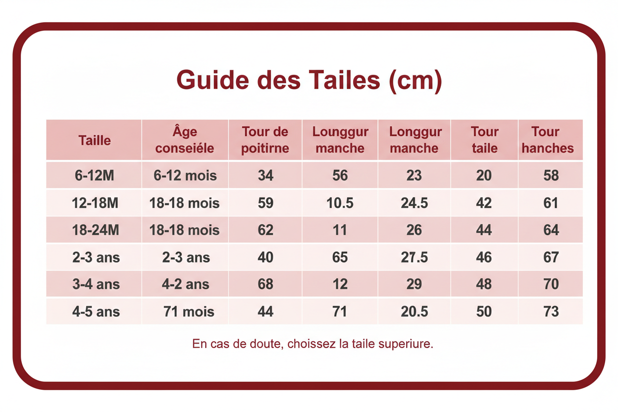 Guide des tailles pyjama Noël bébé tableau visuel