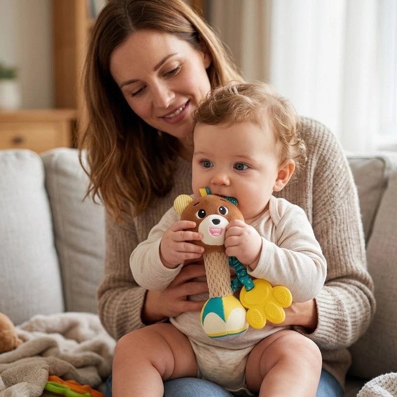 hochet bébé qui mordille son jouet 
