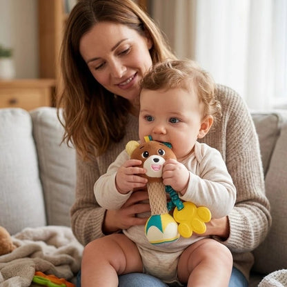 hochet bébé qui mordille son jouet 