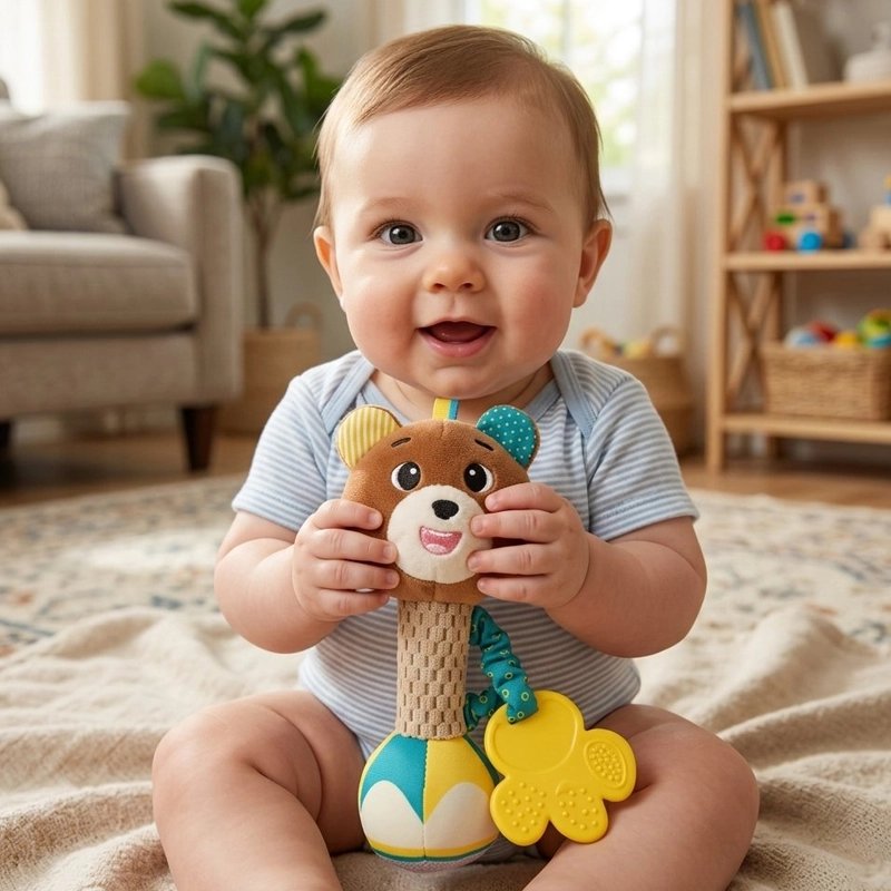 hochet bébé qui sourit avec son ourson jouet 