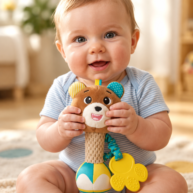 hochet bébé qui sourit avec son ourson jouet Gros plan sur bébé tenant le hochet ourson