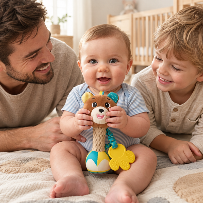 hochet bébé qui sourit avec son ourson jouet Gros plan sur bébé tenant le hochet ourson Bébé, papa et grand frère jouant avec le hochet ourson