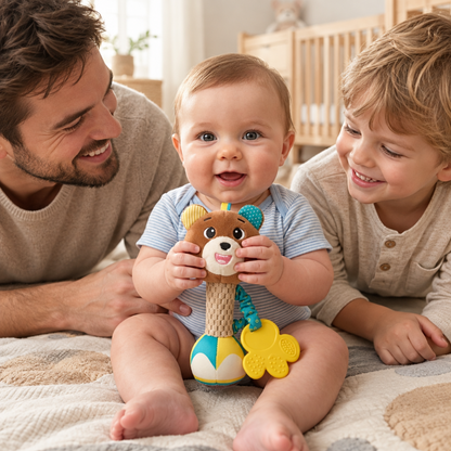 hochet bébé qui sourit avec son ourson jouet Gros plan sur bébé tenant le hochet ourson Bébé, papa et grand frère jouant avec le hochet ourson