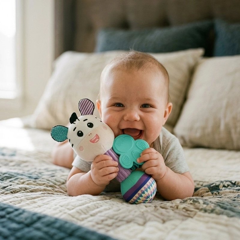 hochet bébé sourire et jouet turquoise 