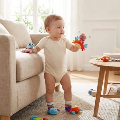Hochet Bébé 4 Pièces Bracelets et Chaussettes Sensoriels hochets bebe debout