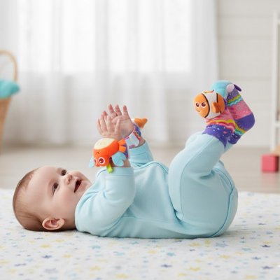 Hochet Bébé 4 Pièces Bracelets et Chaussettes Sensoriels hochets bebe sur le dos