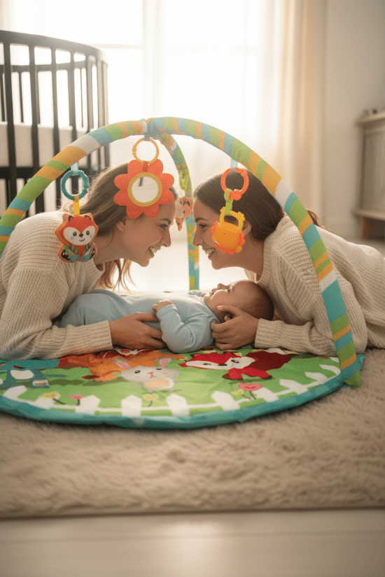 tapis d'eveil bebe Jungle maman allongée bébé