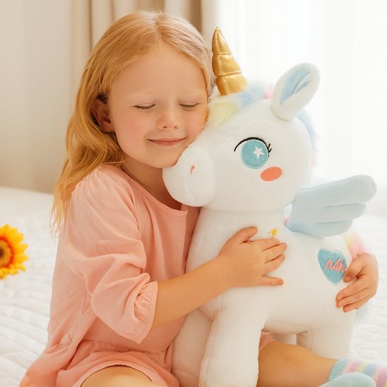 licornes peluches fillette les yeux fermees 