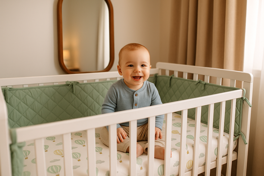 Lit bébé avec tour de lit vert et bébé garçon