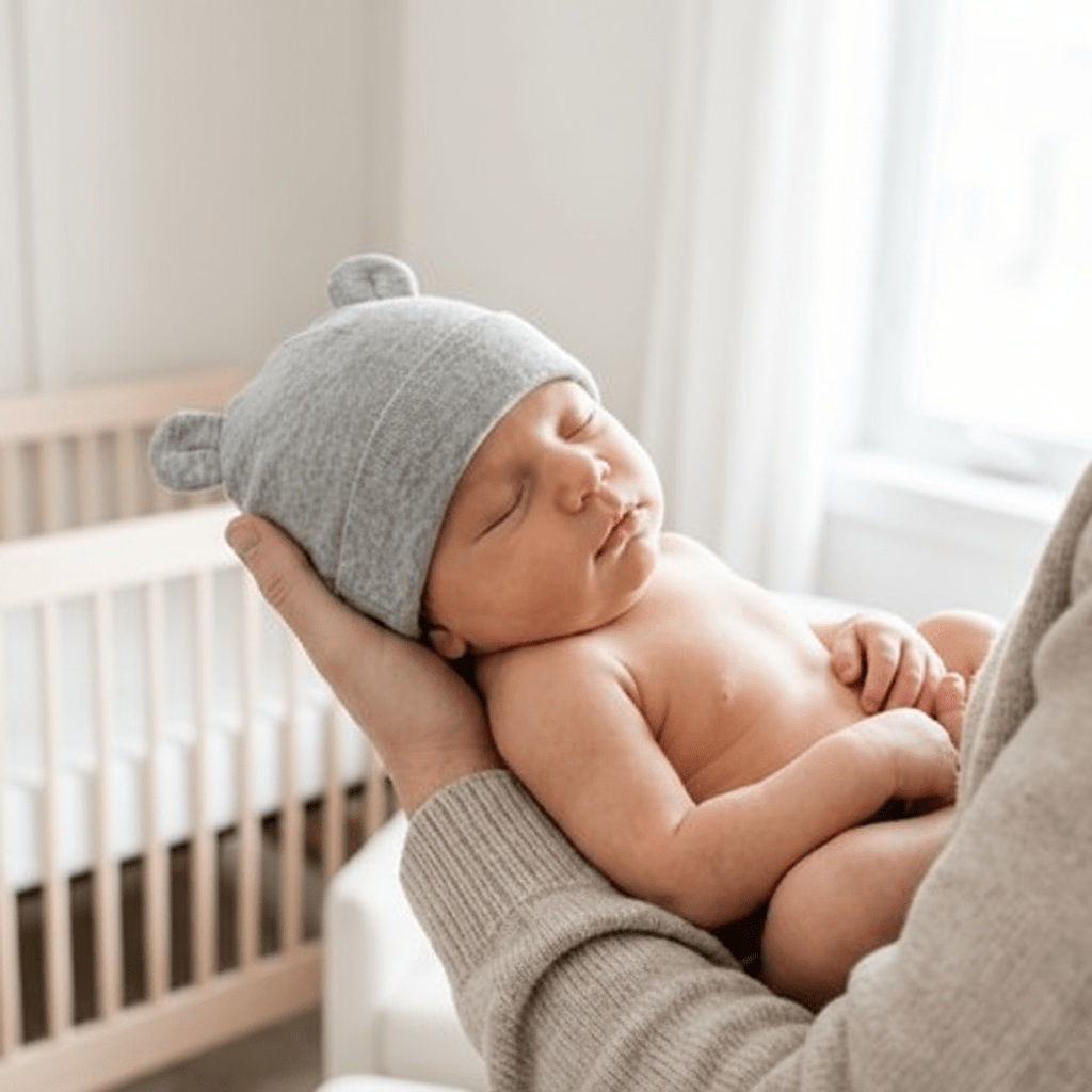 Mains parent bébé endormi bonnet gris ourson