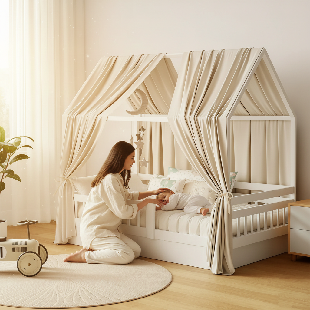 Maman agenouillée caresse enfant lit maison