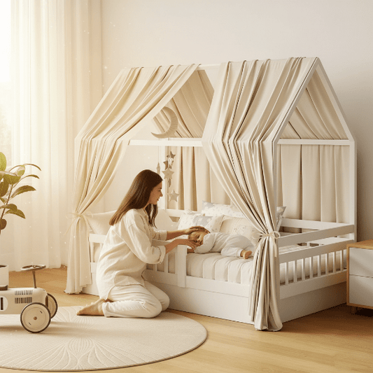 Ciel de Lit Bébé Garçon Maman agenouillée caresse enfant lit maison