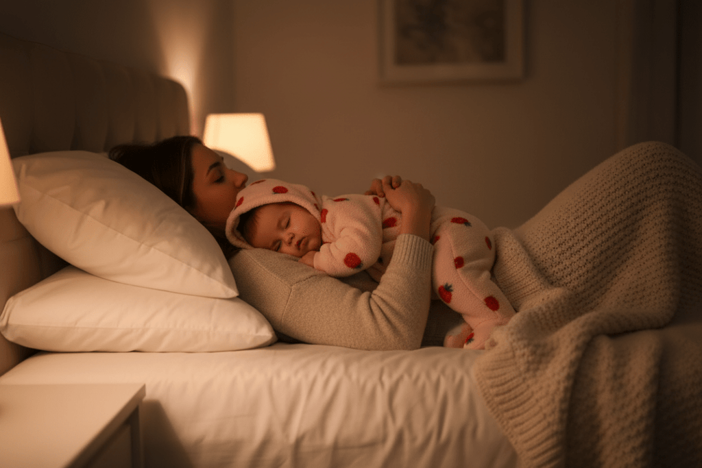 barboteuse bebe fille dos et capuche avec sa Maman allongée bébé combinaison fraises poitrine nuit