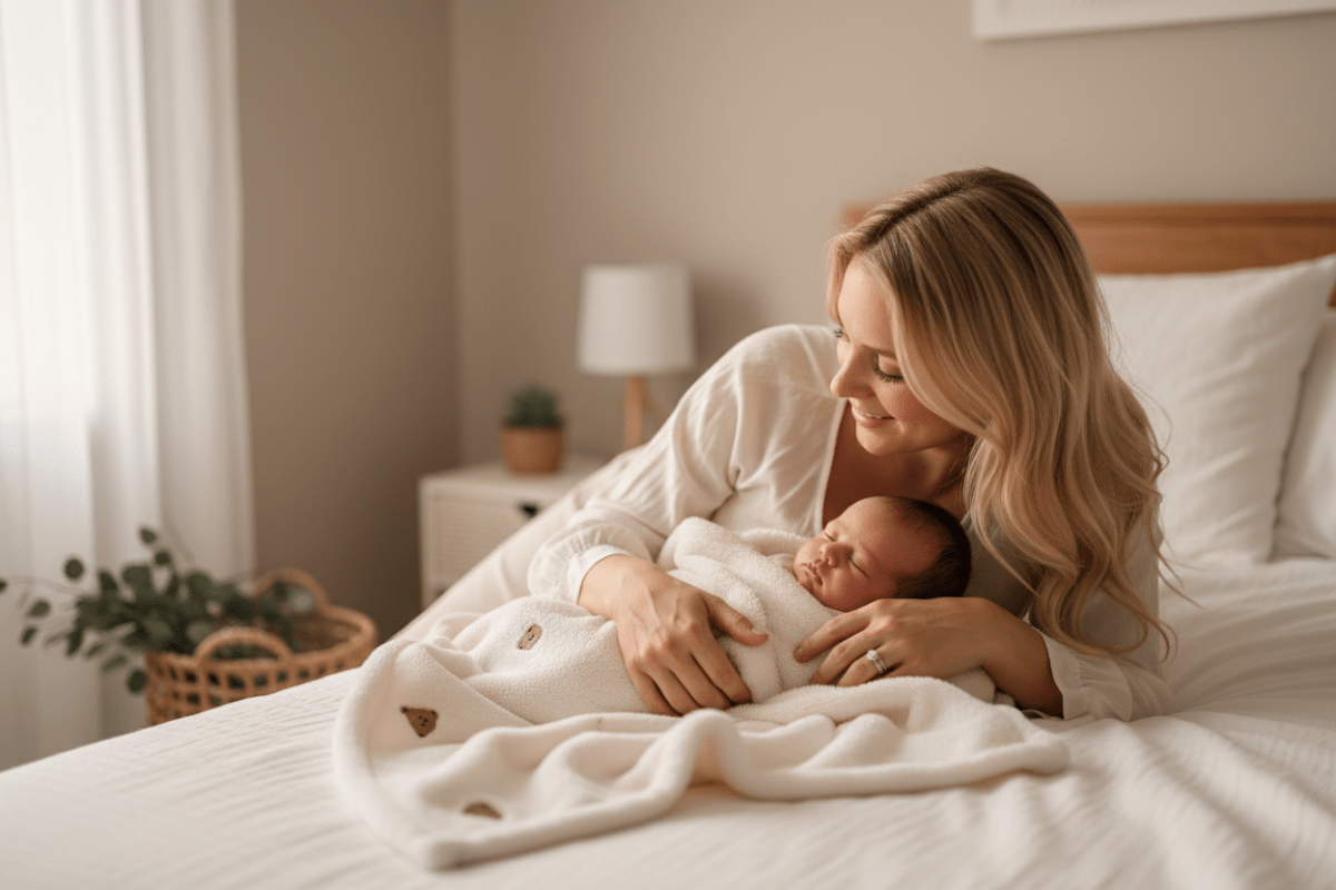 Maman allongée bébé couverture ourson lit