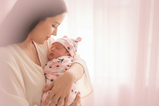 Bonnet Bébé Fille Petite Amour - Mousseline Douce
Maman avec bébé emmailloté rose floral