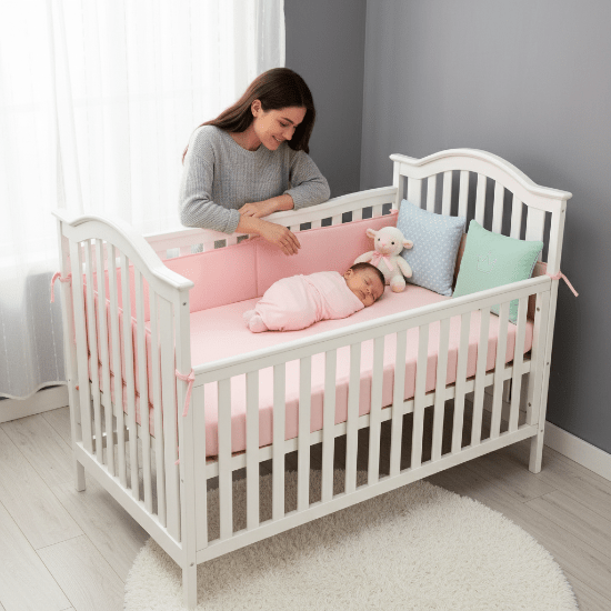 tour de lit bebe rose Maman avec bébé qui dort, toutou et coussins