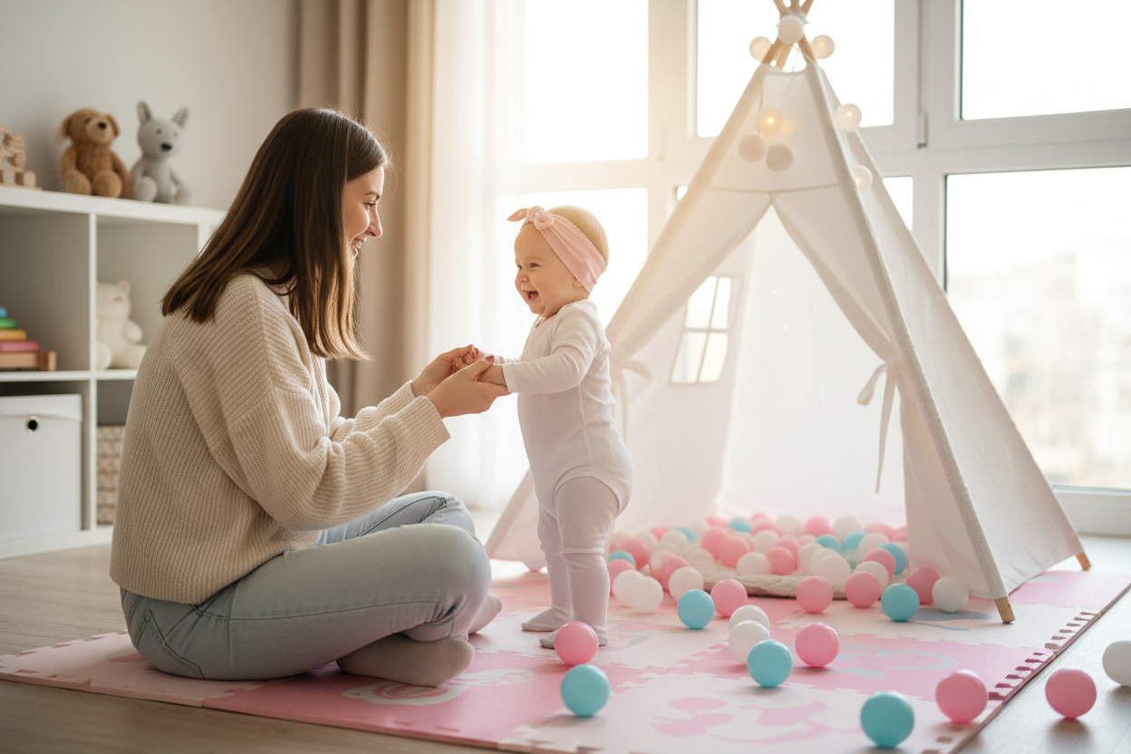 tapis d'éveil bébé fille et Maman bébé debout tapis rose blanc tipi