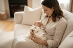 cocon emmaillotage et Maman bébé endormi canapé couverture ourson