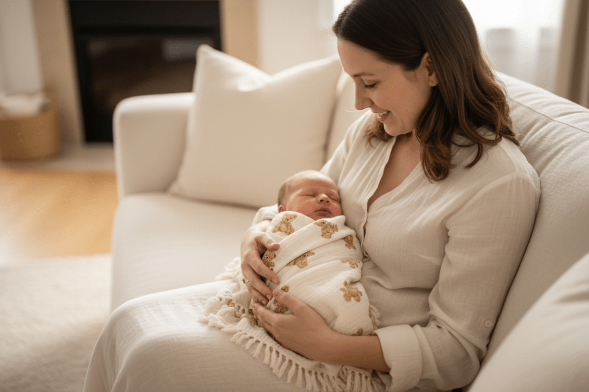 cocon emmaillotage et Maman bébé endormi canapé couverture ourson