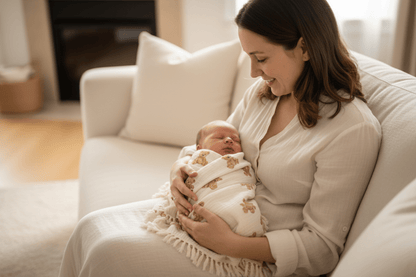 cocon emmaillotage et Maman bébé endormi canapé couverture ourson