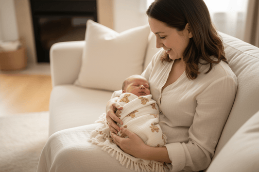 cocon emmaillotage et Maman bébé endormi canapé couverture ourson