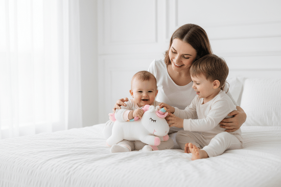  bebe Licorne peluche Maman bébé et petit frère avec licorne blanche sur lit